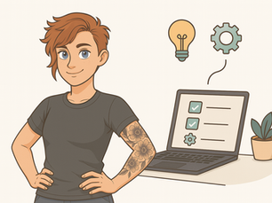 Illustration d'une femme souriante, cheveux courts et tatouage floral sur le bras, debout avec assurance devant un ordinateur portable affichant une checklist. Autour d’elle, des icônes de lumière, engrenage et plante symbolisent l’organisation, la créativité et la sérénité. Ambiance douce et professionnelle.