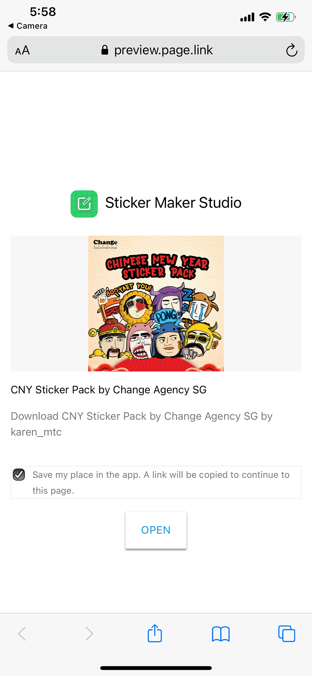 Screenshot of preview page to download the sticker