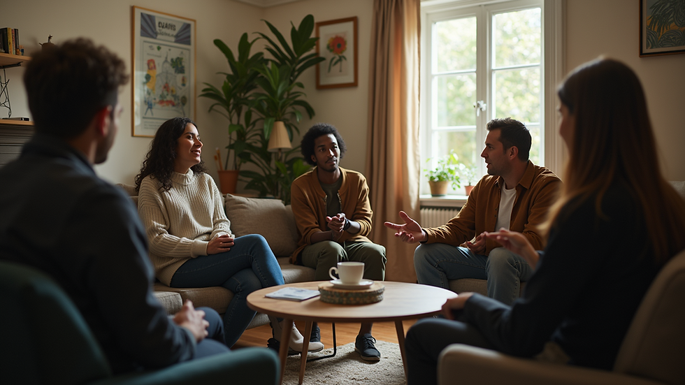 Eye-level view of a small group meeting in a cozy room discussing cannabis medicinal