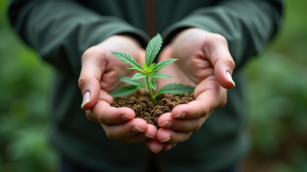 Close-up view of hands holding a small cannabis plant