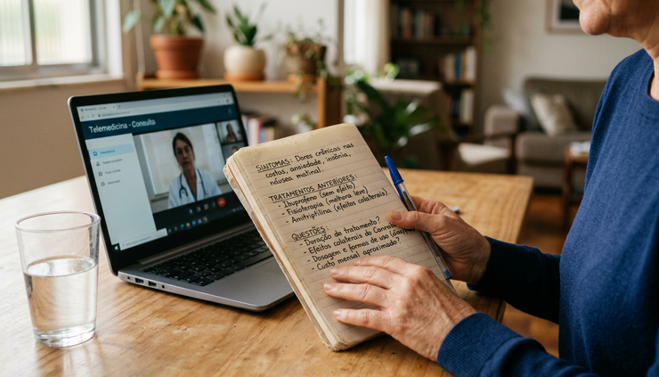 Close-up view of a hand holding written health notes before a video consultation