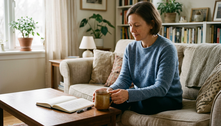 Eye-level view of a person holding a cup of tea beside a notebook in a calm living room