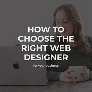 Amye Liquia, web designer at Liquia Design, working on a laptop with coffee, with overlaid text that reads “How to choose the right web designer for your business.”