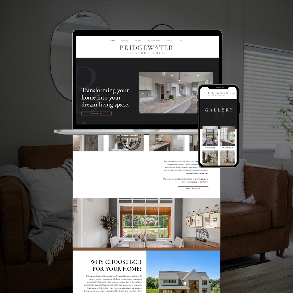 Website design for Bridgewater Custom Homes, an Oakland County, Michigan custom home contractor, displayed on desktop and mobile devices
