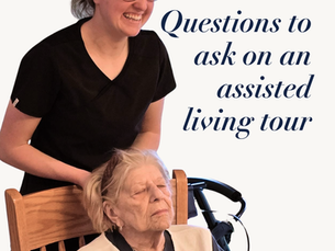 Graphic titled “Questions to Ask on an Assisted Living Tour” featuring a caregiver standing beside an elderly woman in a wheelchair in a warm senior care setting.