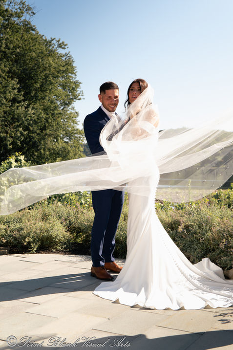 wedding portrait of bride and groom, vail blowing in the wind