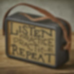 Image of an old radio with Listen, Practice, Repeat