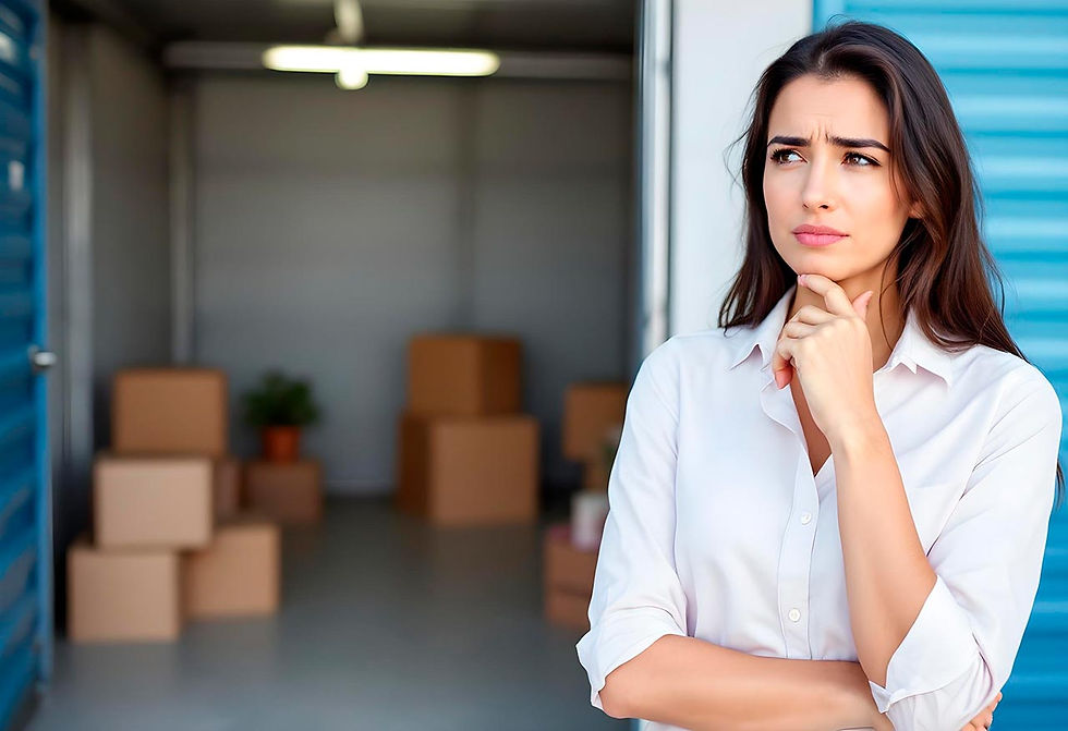 Uma mulher segurando o queixo com expressão de dúvida em frente a um box de self storage