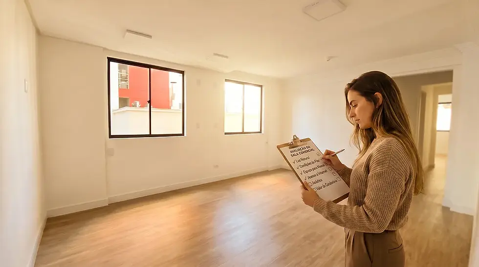 Mulher revisa checklist em uma sala vazia com piso de madeira. Duas janelas grandes mostram edifício vermelho ao fundo. Atmosfera iluminada.
