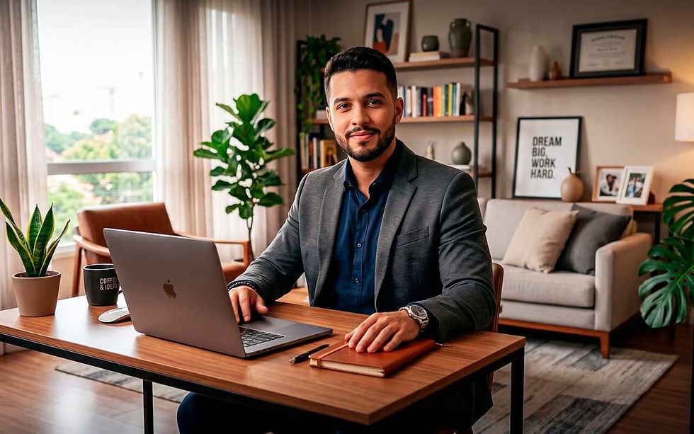 Homem de blazer trabalha em laptop numa sala aconchegante; mug com Coffee & Ideas e quadro Dream Big. Work Hard.