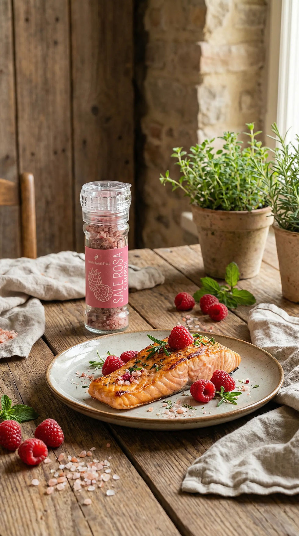 Macinino di sale rosa dell'Himalaya aromatizzato con lamponi essiccati naturali - Azienda Agricola Prada.
