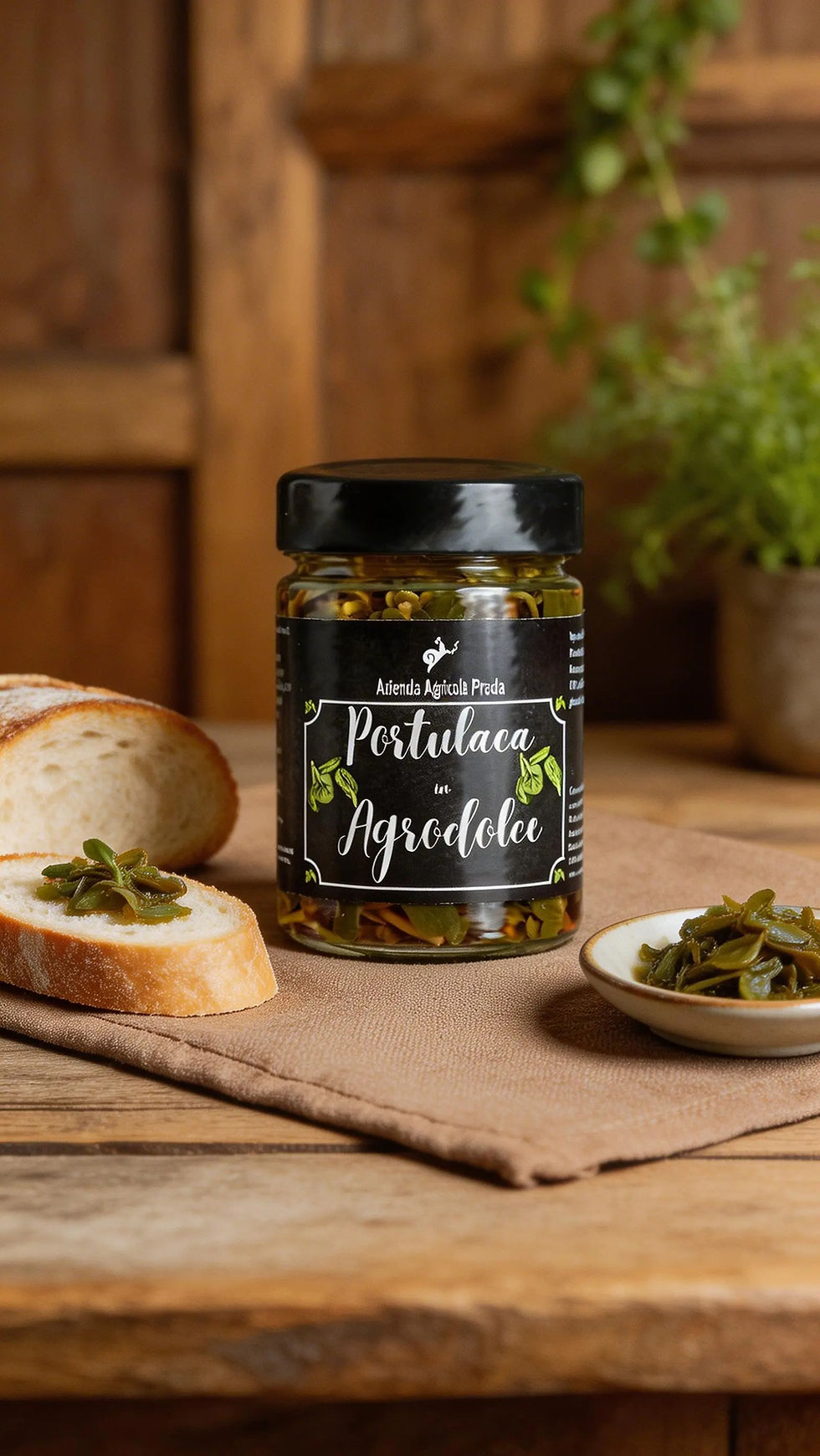 Vasetto di Portulaca in agrodolce dell'Azienda Agricola Prada con rametti di portulaca fresca accanto.