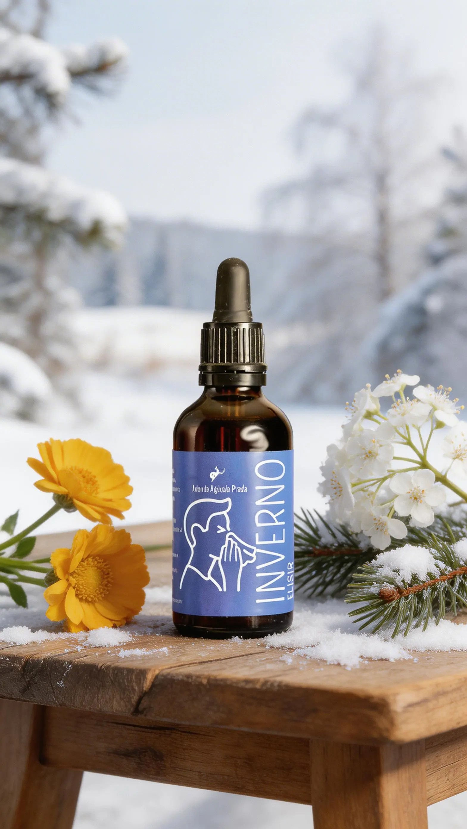 Elisir Inverno artigianale in flacone con petali di calendula e bacche scure di sambuco - Azienda Agricola Prada.