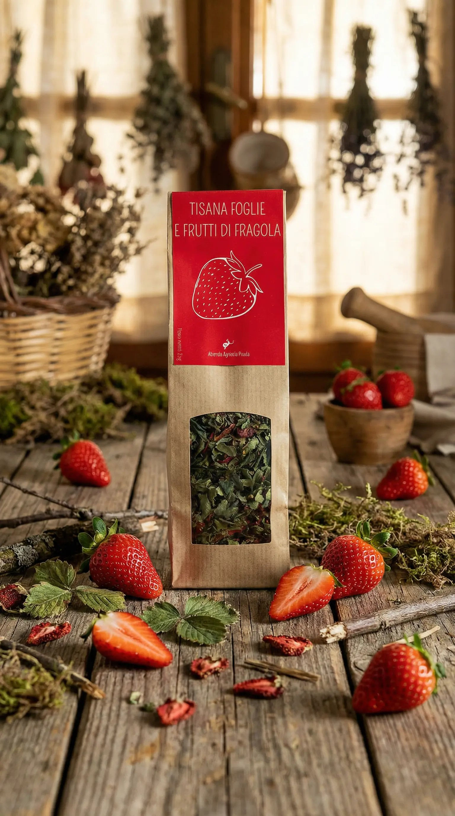 Miscela per infuso composta da foglie verdi essiccate e pezzi di fragole rosse disidratate - Azienda Agricola Prada.