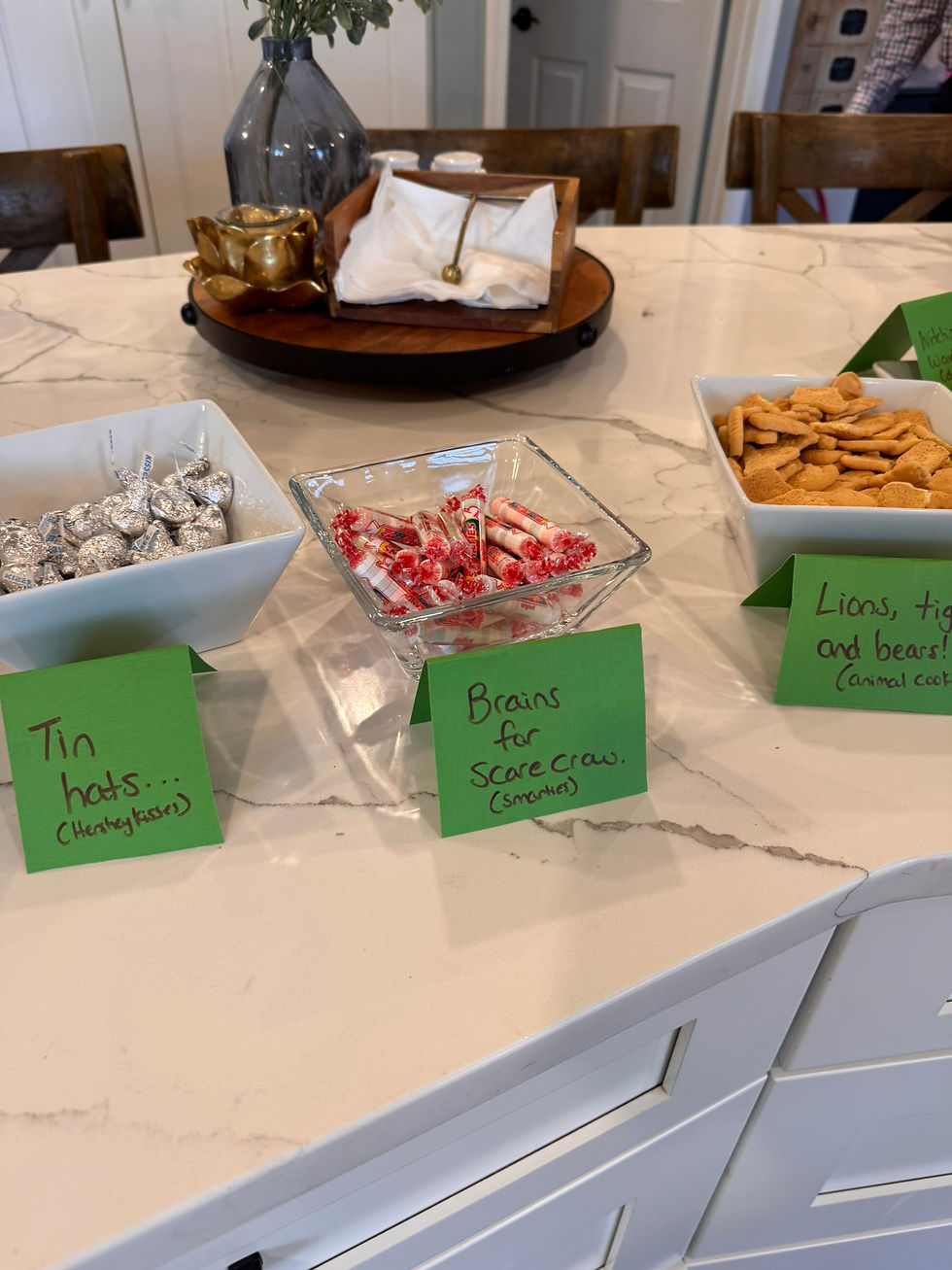The Wizard of Oz book celebration: Smarties for the Scarecrow, Hershey kisses as the Tin Man's hat, animal cookies because "Lions, and tigers, and bears oh my!"