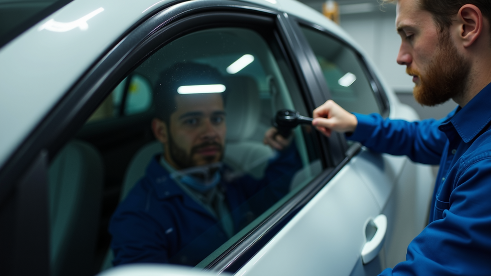 Close-up view of a car window being tinted by a professional technician