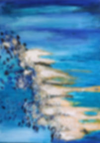 Larimar II 70 x 50 Wunderbar in erfrischenden türkis-blau Tönen mit Acryl und Netztechnik mit echten Larimar-Steine - "LARIMAR I + II" versetzt uns in eine Art euphorische Stimmung - eine optische und mentale Explosion von weiß, türkis-blau, royal-blau bis dunkelblau. Alles Leben entstand im Meer, und hierbei ist es Marita Dymny herausragend gelungen, die Vorstellung dieses Evolutionsprozesses mit Leichtigkeit zu erwecken. Echte Larimar-Steine aus der Dominikanischen Republik veredeln das Bild und verhelfen ihm zu "Ganzheit". Der Larimar versetzt in Urlaubsstimmung und läßt den Alltag für eine Weile vergessen. Die Verwendung von Naturnetz lässt die Brandung sehr real erscheinen.