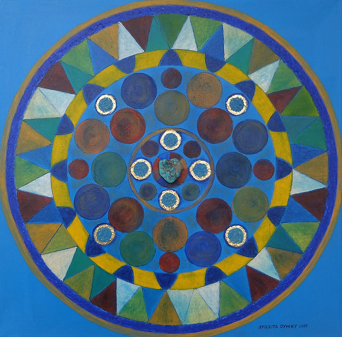 SELBSTBEWUSST-SEIN 40 x 40 Regenbogenfarben auf mittelblau mit Blattgold, Palmfasern und Türkis - Durch leuchtende Farben und klare Formen strotzt das Bild mit Selbstbewusst-Sein. Sich selbst bewusst sein, sich wahrnehmen ist etwas, was den Menschen diesbezüglich vom Tier unterscheidet.Â