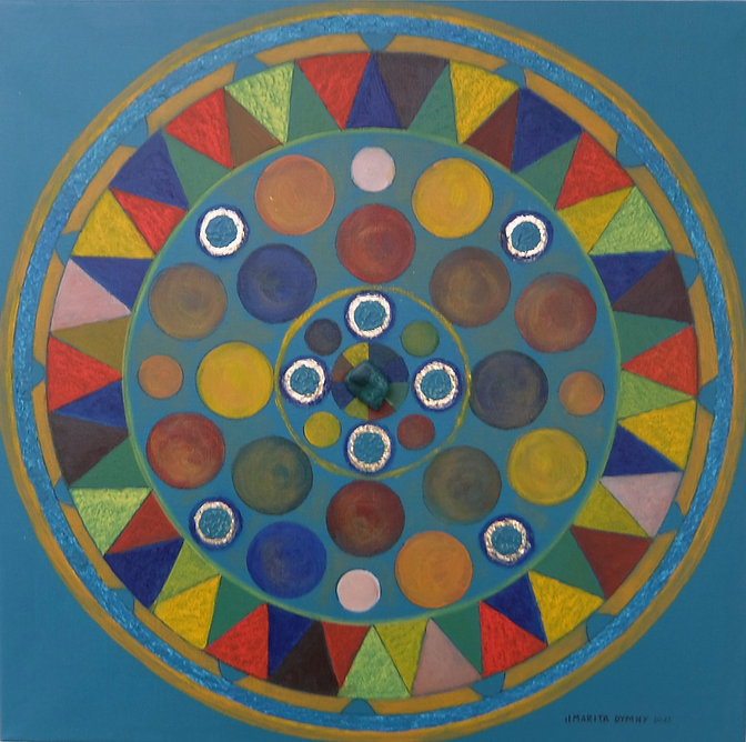 ACHTSAMKEIT 40 x 40 Bunt auf mittelblau mit Palmfasern, Blattgold und Jade - Achtsam miteinander umgehen und keine Grenzen des anderen überschreiten - die Kreise in diesem Bild berühren sich nicht. Hier lässt einer den anderen sein, wie er ist. Sie sind achtsam.