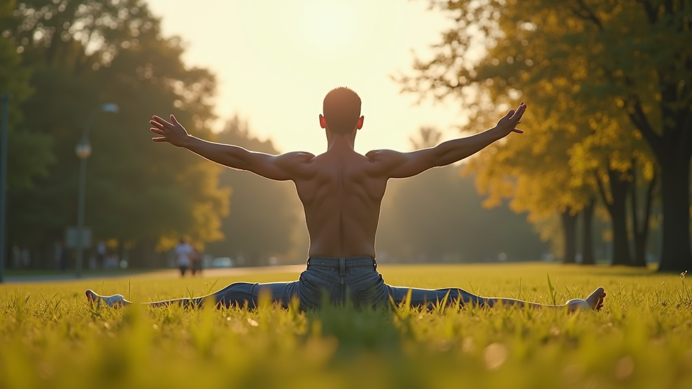 Eye-level view of a person stretching outdoors in a park