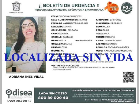 El cuerpo de Adriana Inés Vidal, es localizado en Ozumba, Edomex