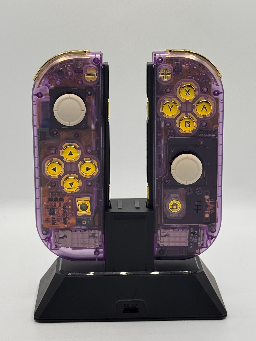 Custom Nintendo Switch Clear blue Reshelled Joy-Cons led Gold buttons