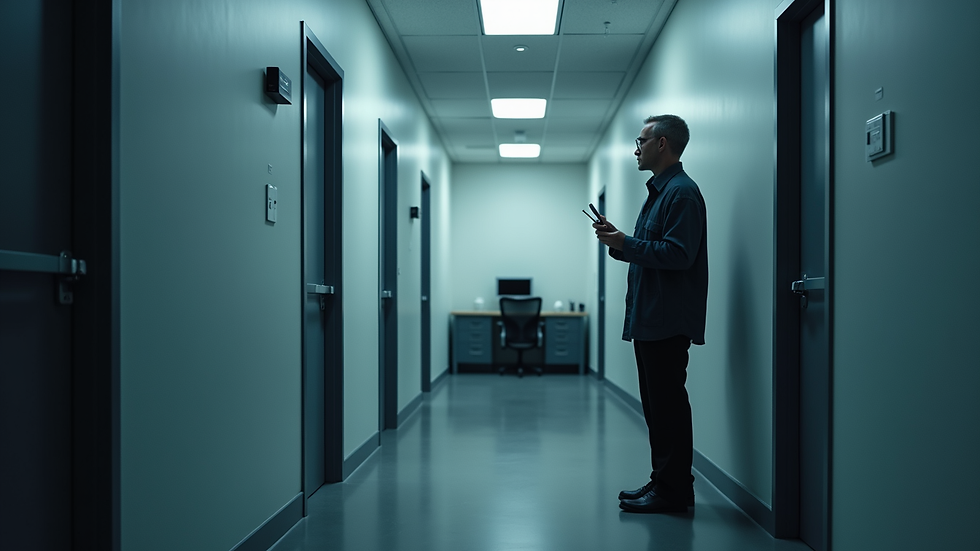 Eye-level view of a technician inspecting an office room for hidden surveillance devices