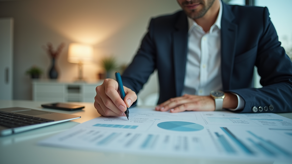 Eye-level view of a professional reviewing documents on a desk