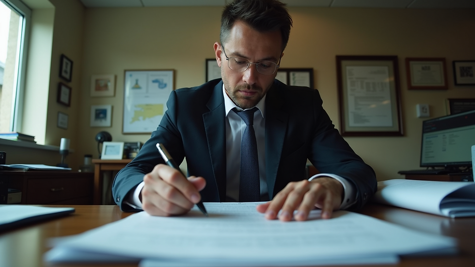 Eye-level view of a private investigator reviewing documents in an office
