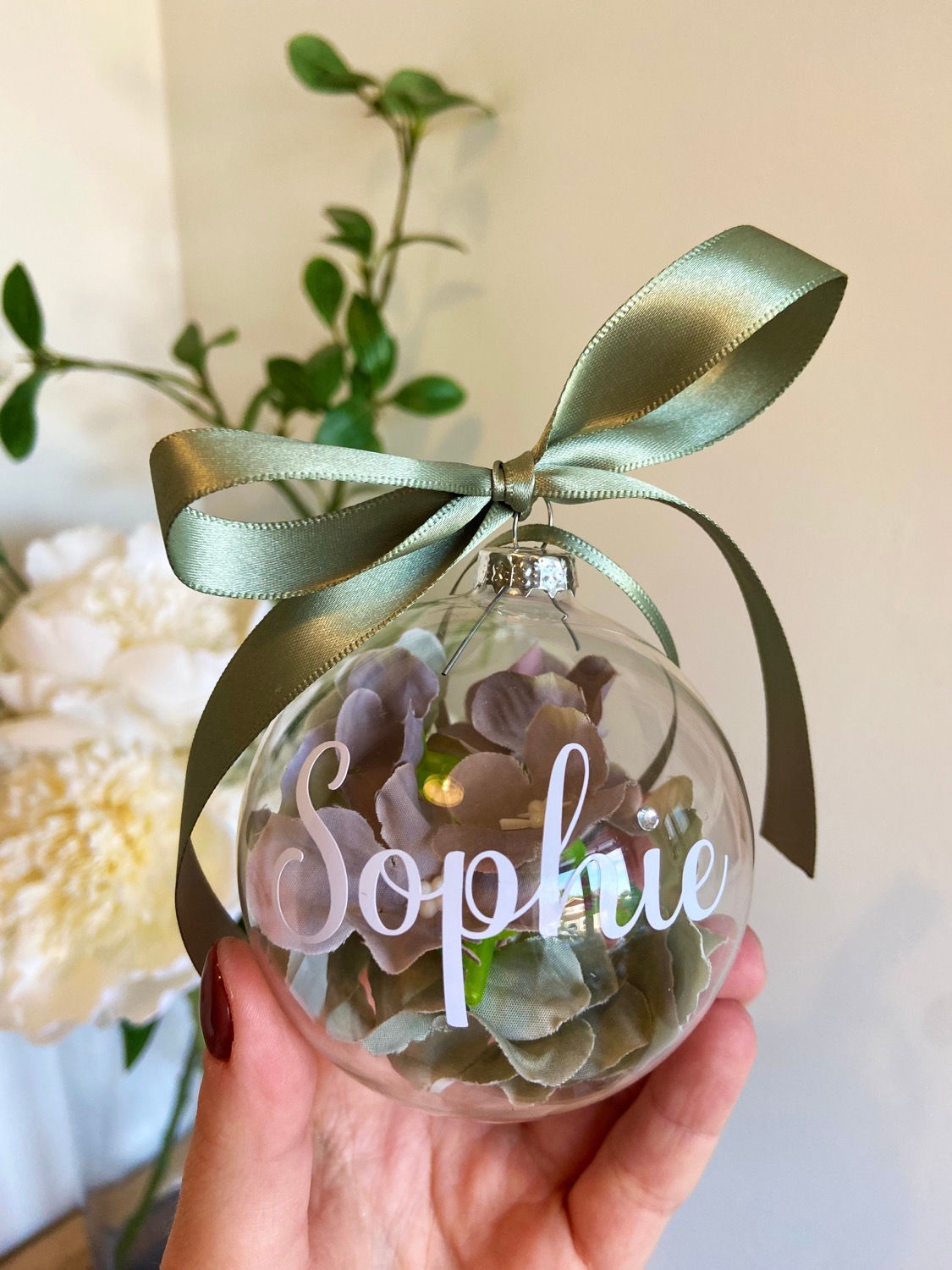 Personalised Sage Green Flower Bauble