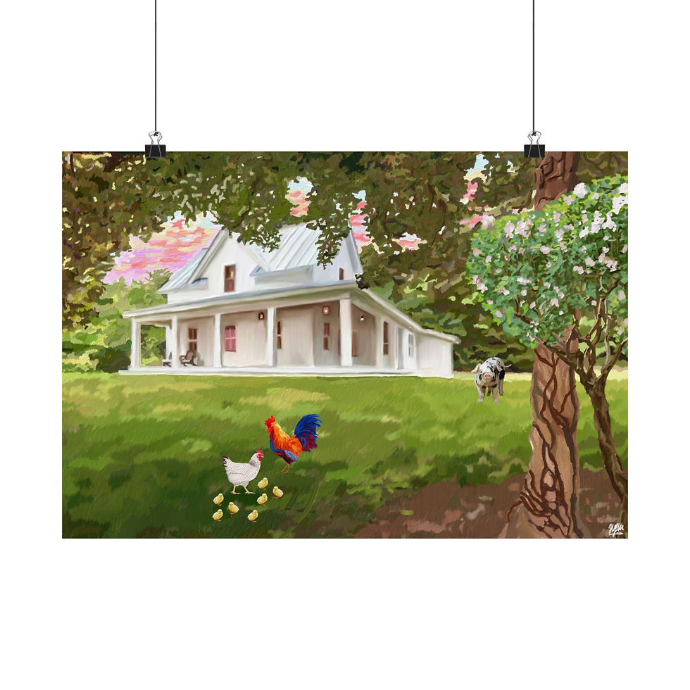 Thumbnail: Farmhouse with rooster, hen, chicks, and cow. Green grass and trees frame the scene.