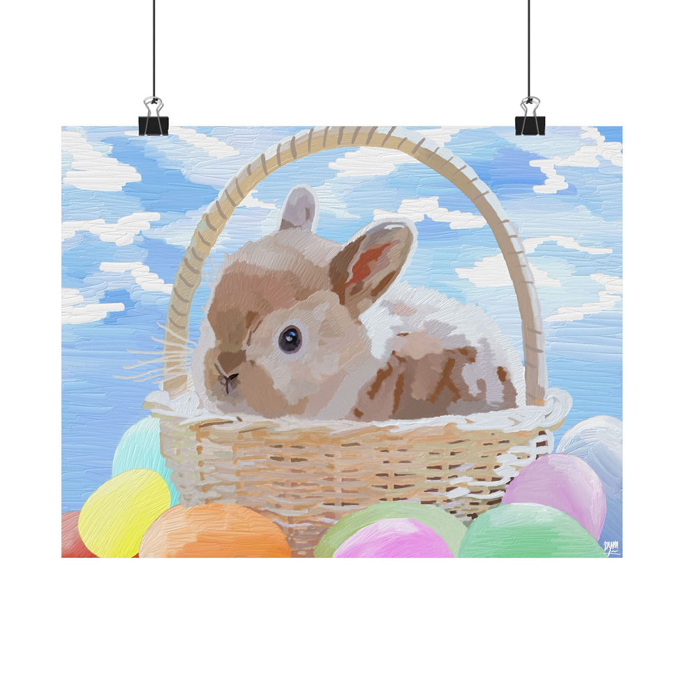 Thumbnail: Bunny in basket with eggs against blue sky background, Easter print. 