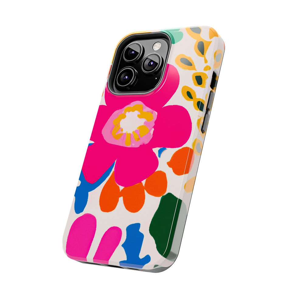 Miniatura: Floral iPhone case with bright pink, orange, and blue designs on white background.