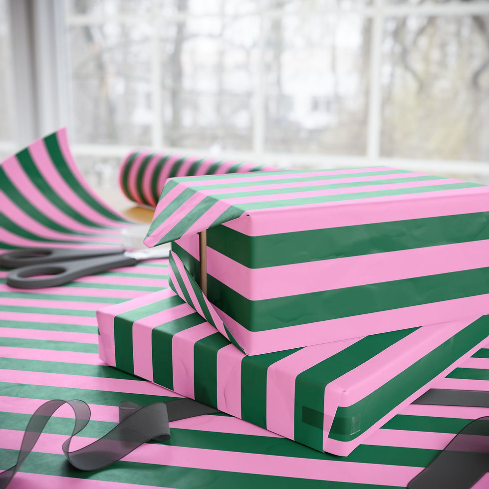 Thumbnail: Wrapped gift boxes with pink and green stripes, scissors, and paper.