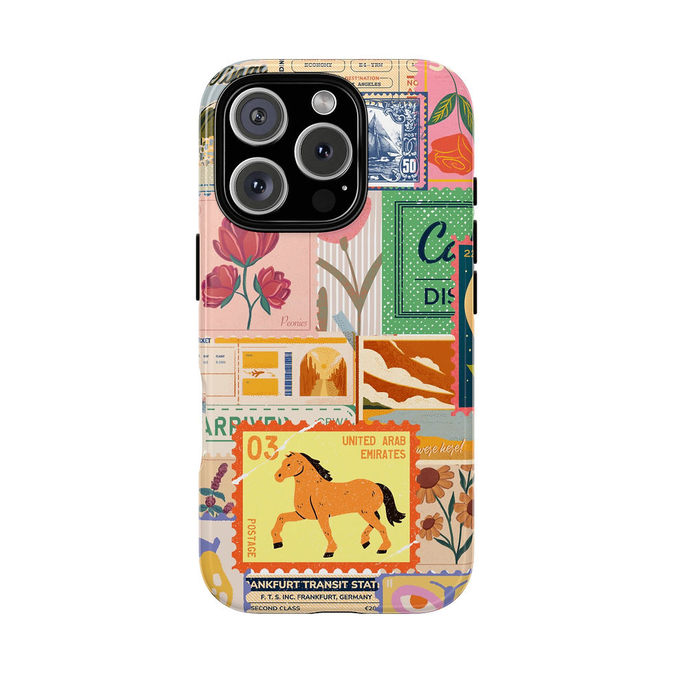 Thumbnail: Phone case featuring colorful postage stamps and a horse illustration.
