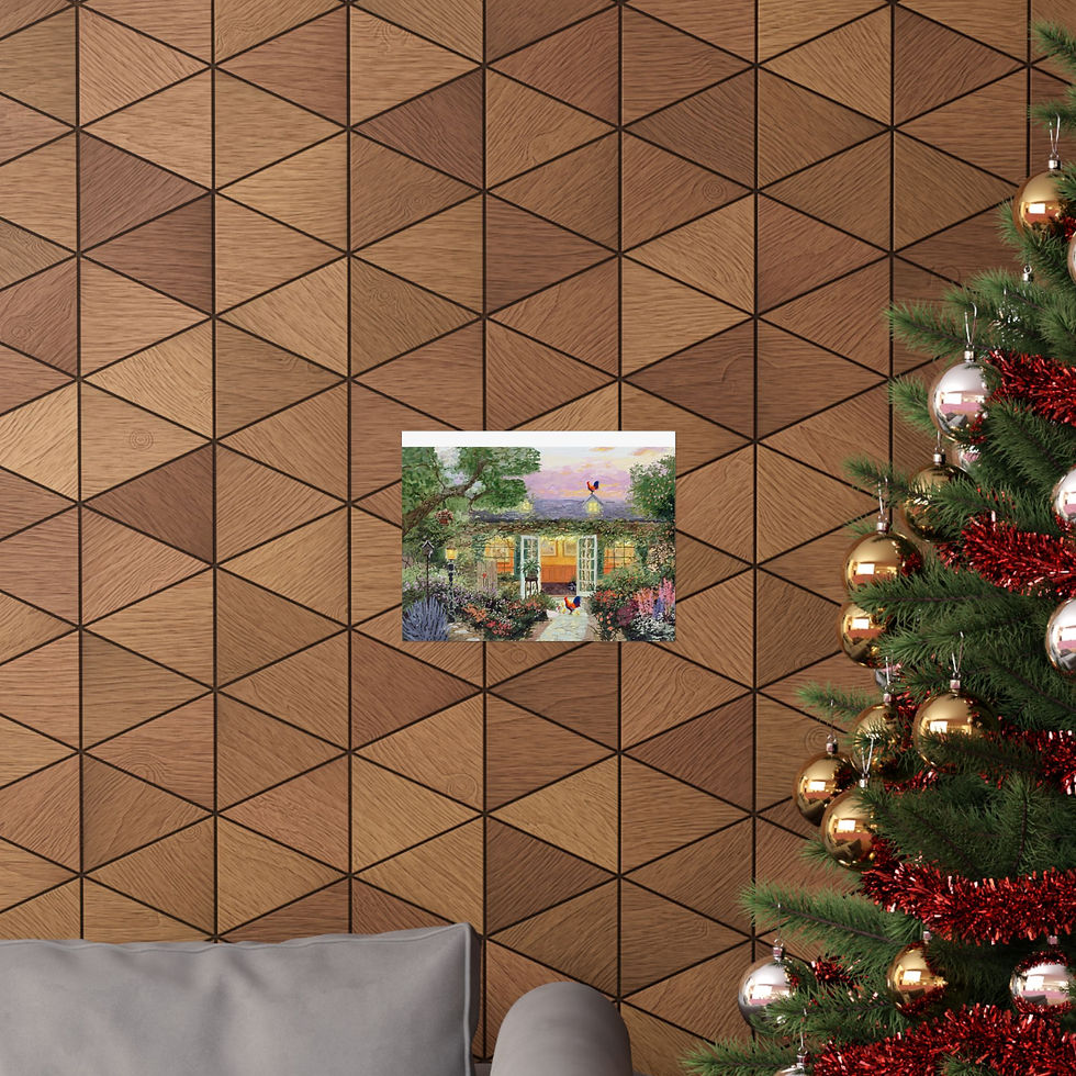 Thumbnail: Painting of a house with Christmas tree and wooden textured wall background