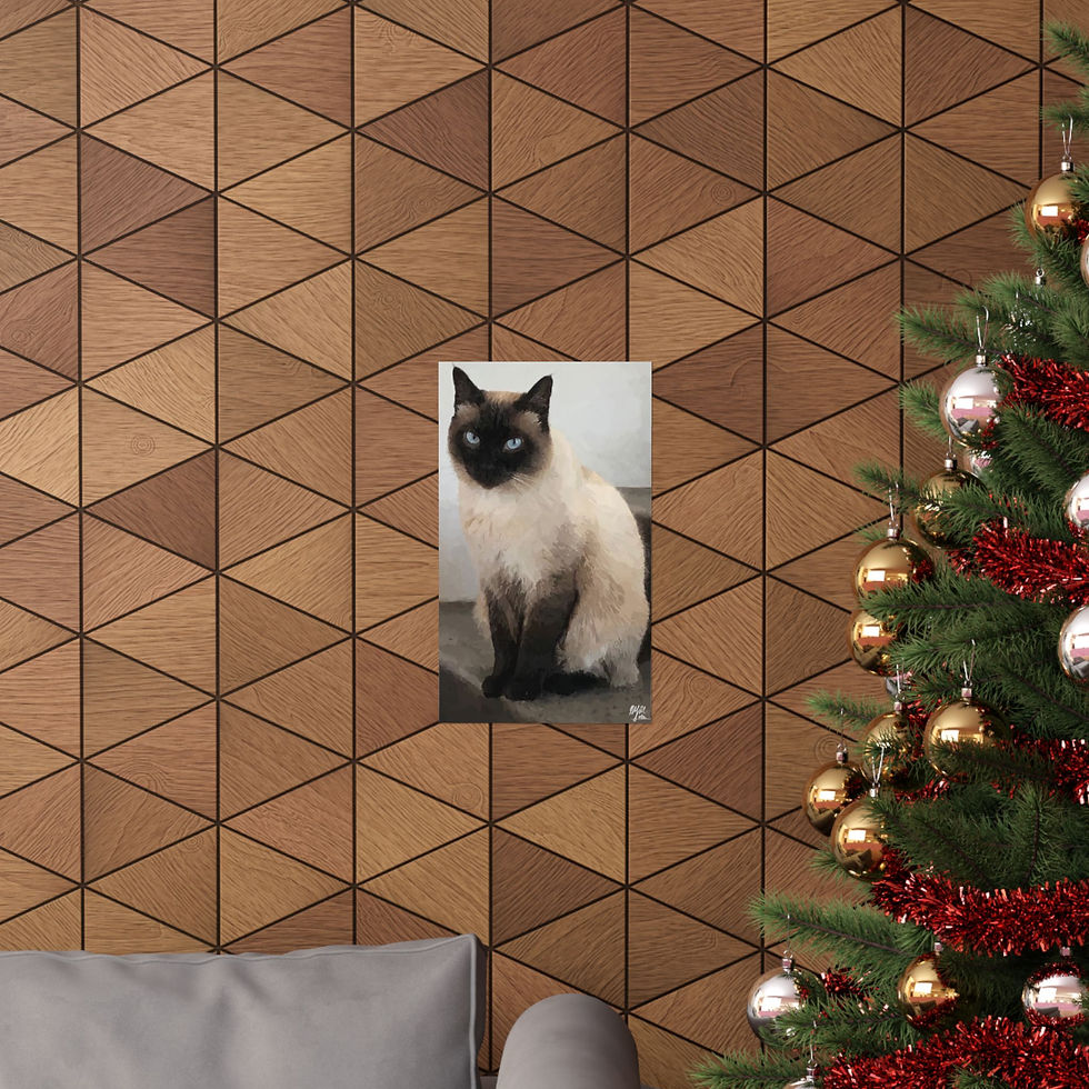 Thumbnail: Siamese cat poster displayed on a wall near a decorated Christmas tree.