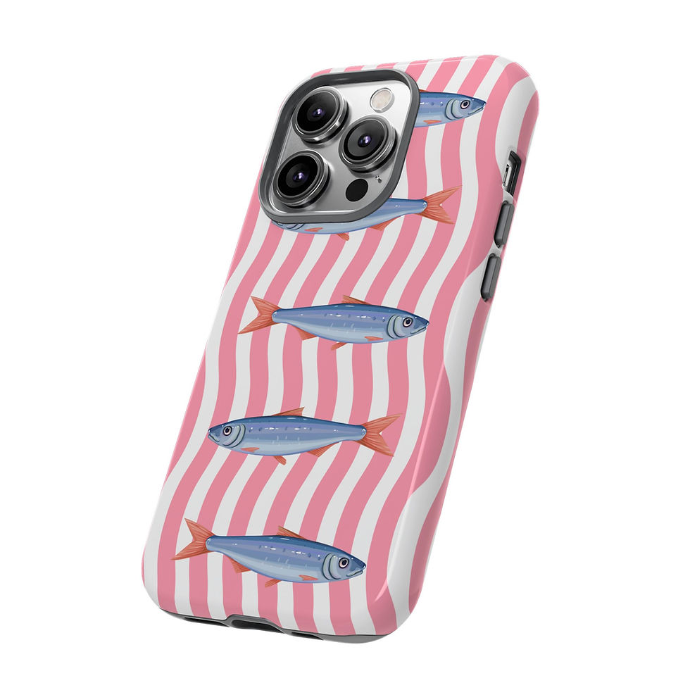 Thumbnail: Iphone with fish design, pink and white striped background, and fish pattern.
