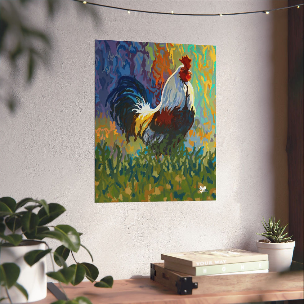 Thumbnail: Colorful Rooster art poster on wall, colorful strokes, vibrant background, artistic.