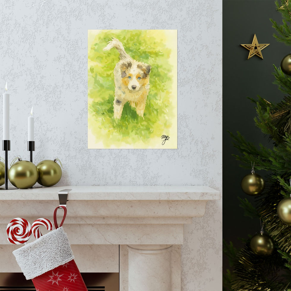 Thumbnail: Watercolor Aussie Puppy Pet Portrait Print on a wall near a Christmas tree