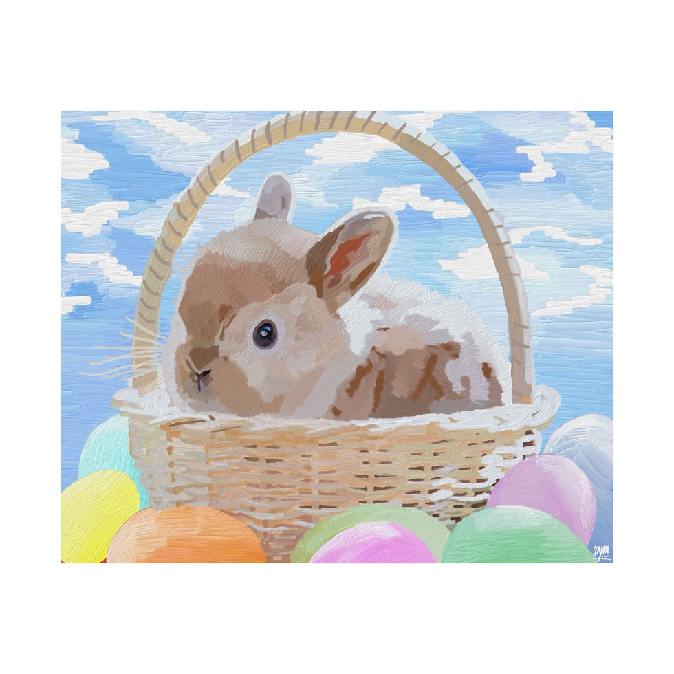 Thumbnail: Bunny in basket with colorful eggs. Easter theme, blue sky background.