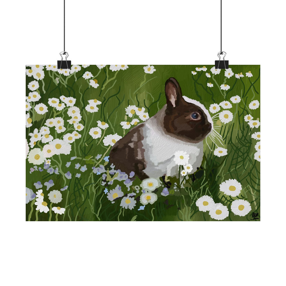 Thumbnail: Rabbit in a field of flowers, brown and white bunny among daisies and grass.