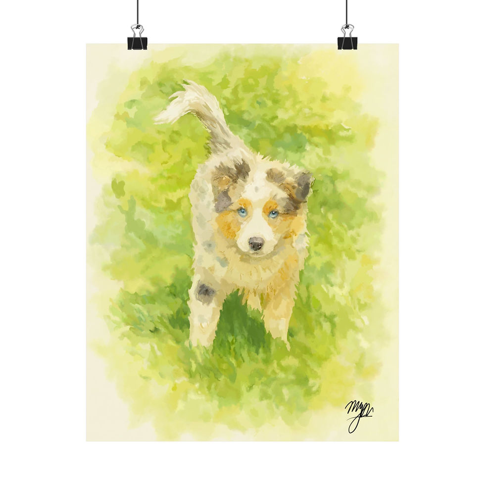 Thumbnail: Watercolor Aussie Puppy Pet Portrait Print of a cute puppy in the grass background.
