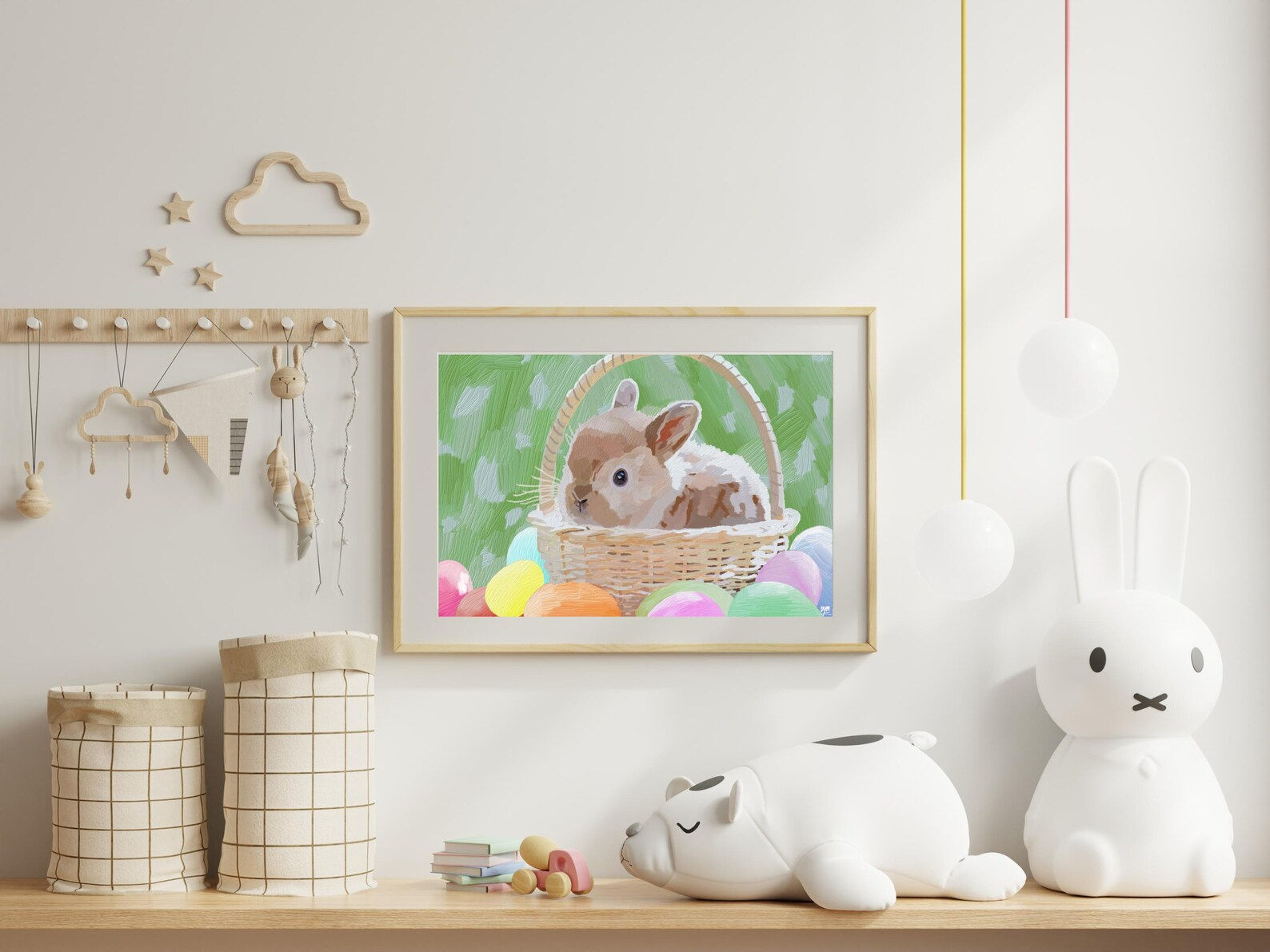 Bunny in basket picture on a wall, Easter eggs. Springtime Bunny in Basket - Matte Poster