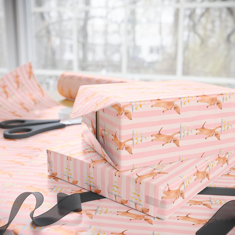 Thumbnail: Gift being wrapped with Champagne Dog Pattern Wrapping Papers on table near scissors
