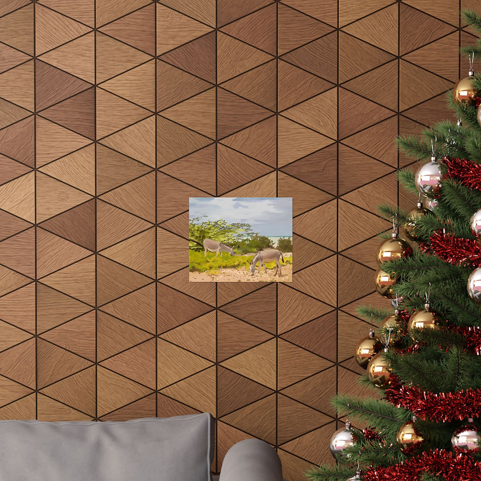 Thumbnail: Painting of a landscape on wall with Christmas tree and wooden panel