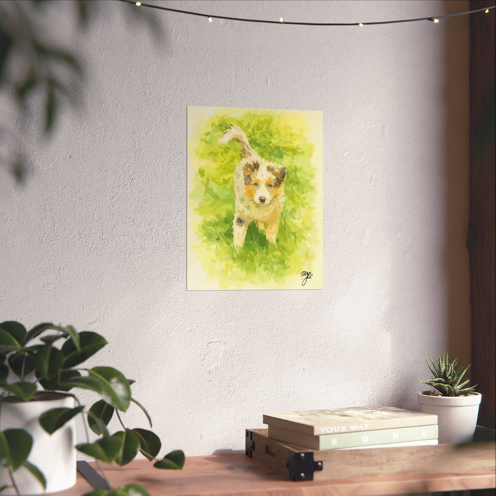 Thumbnail: Watercolor Aussie Puppy Pet Portrait Print, adorable puppy portrait on green background, art print.