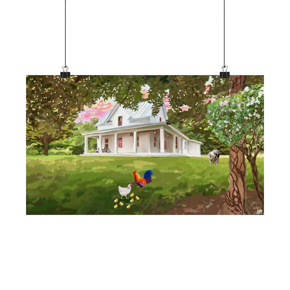 Thumbnail: White farmhouse with chickens in a grassy field, trees in the background.