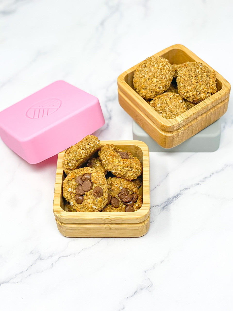 HEALTHY BANANA COOKIES served in bamboo eco rascals take away pot box