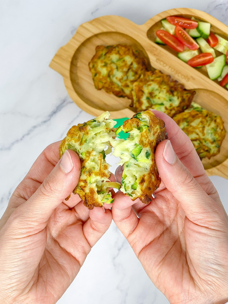 ZUCCHINI & CREAM CHEESE FRITTERS in car bamboo plate
